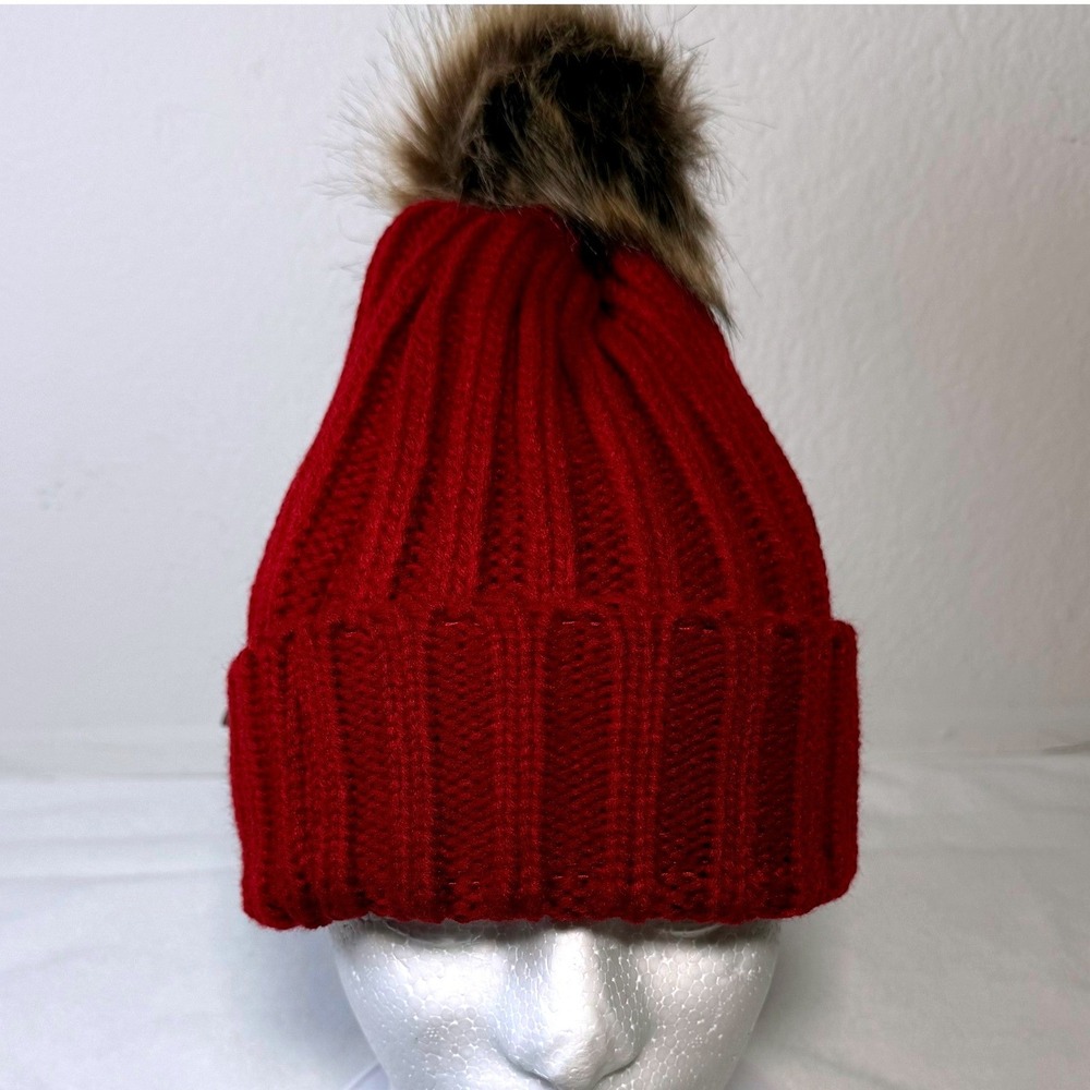 Withmoons Beanie Hat Womens OS Red Ribbed Knit Faux Fur Pom Pom Winter Accessory